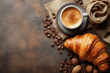 Cup of coffee with coffee bean, pastry, croissant on rustic wooden table background, text copy space - obrazy, fototapety, plakaty