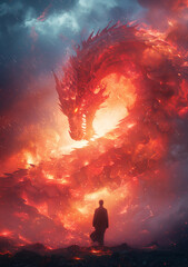 A man stands before a large firebreathing fantasy dragon