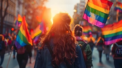Naklejka premium Portrait of young people rallying for LGBTQ+ rights at a Pride month parade with diversity and rainbow flags in blurred background