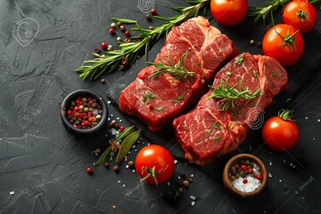 Fresh raw meat beef steaks on dark black background, top view, text copy space, view from above, Red meat