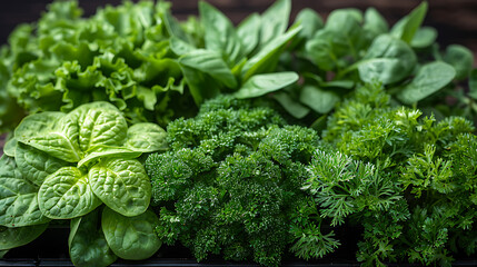 Baby greens such as spinach, lettuce, dill, parsley and chives - obrazy, fototapety, plakaty