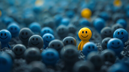 A 3d yellow icon smiling person standing out among a crowd of grey sad blue people, symbolizing...