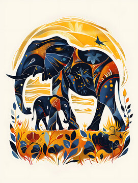 a mother and baby Elphant walking together in south Africa safari landscape at sunset. - Illustration on a white background. 