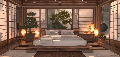 Fotobehang Japanese bedroom, low platform bed, shoji screen doors, and bonsai trees. © sdk
