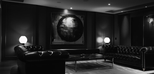 Monochromatic living room, leather furniture, chrome accents, and abstract art under recessed lighting. - obrazy, fototapety, plakaty