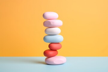 Tower of colorful pills on a pastel background