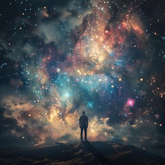 A scene that reflects the universal connection of the spiritual mind. A prominent galaxy and human figures in the depths of space - obrazy, fototapety, plakaty