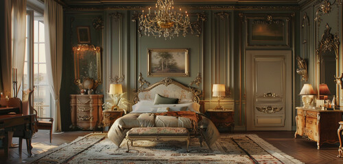 Parisian bedroom, wrought iron bed, velvet upholstery, and a vintage chandelier. - obrazy, fototapety, plakaty