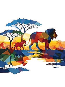 a mother and baby Lion walking together in south Africa safari landscape at sunset. - Illustration on a white background. 