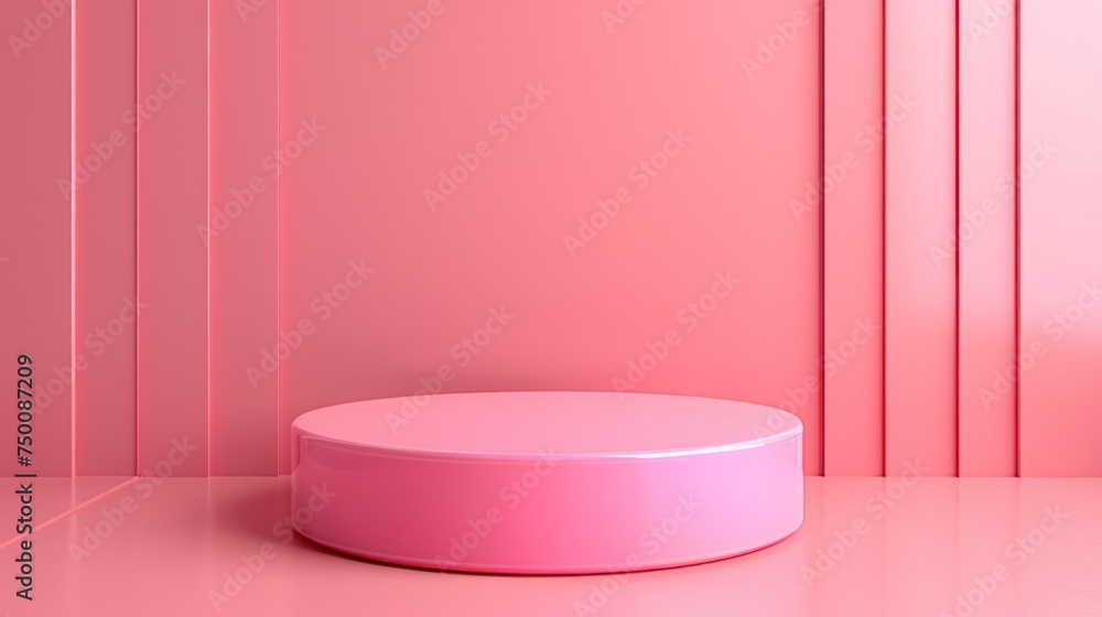 Poster a simple and modern display with a circular pink platform against a backdrop of vertical pink stripe