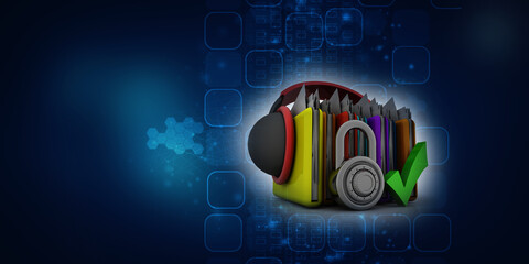 3d illustration Office folders protected padlock with headphone