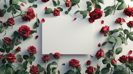 frame for valentine's day, center is white, blank copy space, surrounded by red roses, aerial view