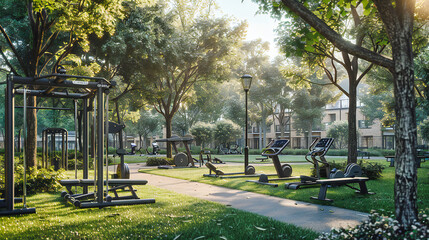 Obraz premium Vibrant City Park in Summer, A Bustling Green Oasis with Playful Architecture, Where Urban Meets Natural