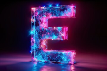 Letter E - colorful glowing outline alphabet symbol on blue len isolated white background - obrazy, fototapety, plakaty
