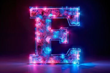 Letter E - colorful glowing outline alphabet symbol on blue len isolated white background - obrazy, fototapety, plakaty