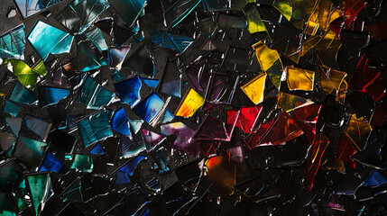 black background, colorful, eerie, repetitive, deep, abstract, broken glass, crystal style
