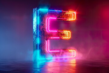 Letter E - colorful glowing outline alphabet symbol on blue len isolated white background