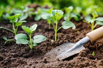 Gardening trowel with young seedlings in fertile soil