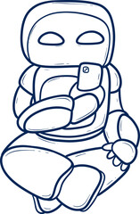 Cartoon illustration of a blue robot sitting outline
