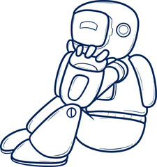 outline cartoon robot sitting and looking pensive