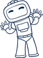 cartoon robot with blue and orange parts is standing with his hands outstretched outline