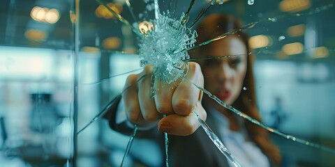 A woman in business attire breaks glass ceiling in office with punch. Concept Empowerment, Glass Ceiling, Business Woman, Office Struggle, Breaking Barriers