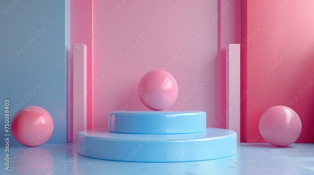 Poster the image features a 3d rendering of geometric shapes with a pink and blue color scheme, highlightin
