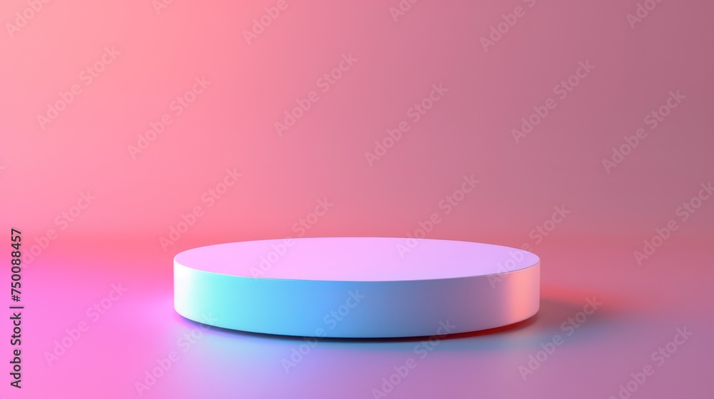 Poster a minimalistic white pedestal display with a soft pink and blue gradient background for showcasing p