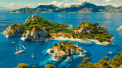 Gordijnen Mediterranean Paradise: Idyllic Coastal Village Embracing the Serenity of the Sea, A Perfect Summer Escape © MdIqbal