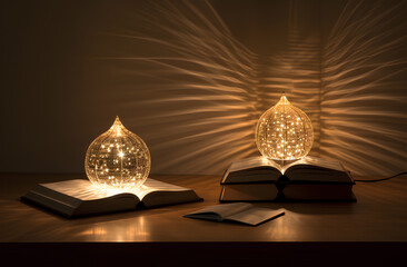 Muslim open Islamic bibles light up lights, in the style of minimalist