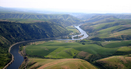 drone photo of the clearwater river at cherry lane near lenore idaho in the spring