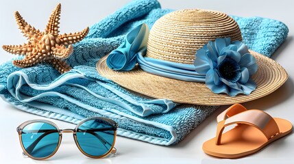 "Beach vacation essentials pack, including a beach towel, sunglasses, sunscreen, and a straw hat, ideal for casual or simulation games, isolated on a transparent PNG background."