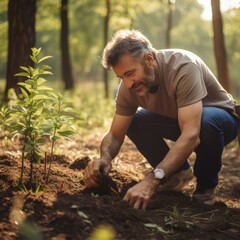 Fototapeta premium A man planting trees in a park. The concept of Earth Day.