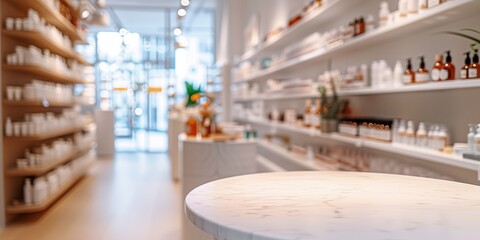 A table in a cosmetics shop with blurred background. Empty white table in a pharmacy. Modern cosmetics market. White marble table in store. Demonstration of cosmetic products for ad. Blog presentation