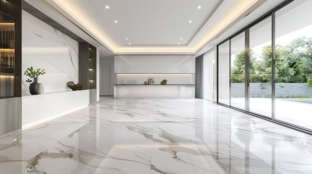 Elegant interior design featuring a modern kitchen with shiny marble floors, large windows, and minimalistic decor