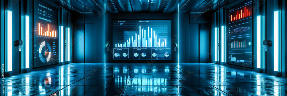 Poster market insights: a close-up on a computer screen displaying financial analysis, blended with urban e