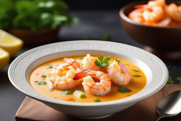 Tom Yam kung spicy Thai soup with prawn and coconut milk. Traditional asian spicy coconut milk soup. Cream soup. Coconut Shrimp Soup