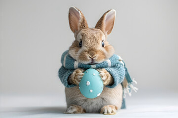 Fototapeta premium a cute beige rabbit is carrying the azure Easter egg, Rabbit is wearing blue jacket with buttons and striped scarf, smilecore, cutecore, bold colors, white background