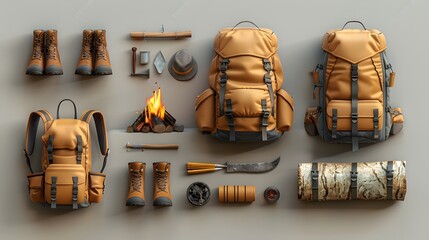 Camping gear collection, including a tent, campfire, backpack, and hiking boots, for adventure or survival games, isolated on a transparent PNG background