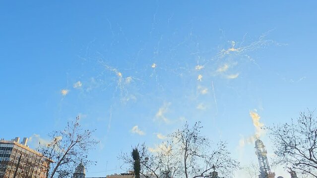 Fireworks for Las Fallas Holiday in Valencia. Mascleta in the early morning. Valencia, Spain - March 03, 2024.