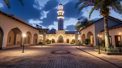 Majestic Mosque Architecture: A Symbol of Religious Devotion and Cultural Heritage, Set Against a Sunset Sky