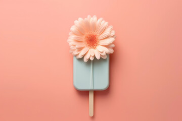 Flower ice cream on a stick on a pink background. Flat lay, top view. - obrazy, fototapety, plakaty