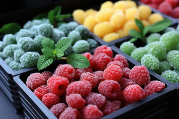 frozen berries, fruits and mint in a food container tray..Frozen raspberries and mint in plastic box, closeup