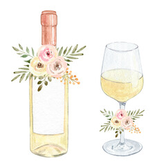 watercolor white wine glass and bottle with flowers isolated on white