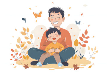 Fototapeta premium Dad and one little boys parent-child photo,Chinese,looking very happy with a clean background vector flat,sticker 8K