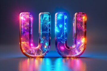 Letter U - colorful glowing outline alphabet symbol on blue lens isolated white background