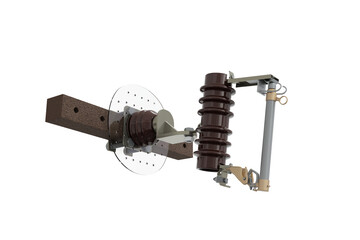 High Voltage Protection system with Dropout Fuse and Animal Barrier Bracket on wooden perch isolated on white background. High voltage circuit breaker at power substation 3d render.