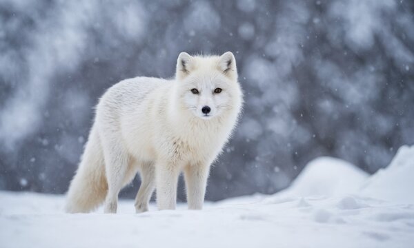 A white polar fox is standing in the snow, looking at the camera. The image has a serene and peaceful mood, as the fox is alone in the snow, seemingly undisturbed by its surroundings