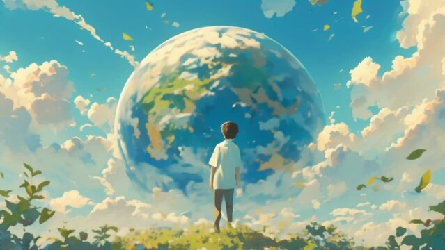 A young man stands on a hill looking at the earth. The sky is blue and the earth is large