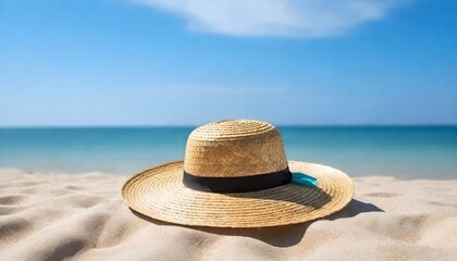 Fototapeta na wymiar Straw hat on the beach. Beach holiday concept